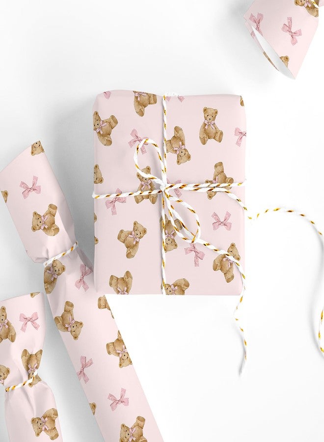 FYSUIMU Pink Bow Bear Wrapping Paper -Mini Roll- 17 Inch x 32.8 Ft Brown Bear Bow Knot Gift Wrap Paper Cute Pink Art Paper for Baby Shower Birthday Supplies - Image 2